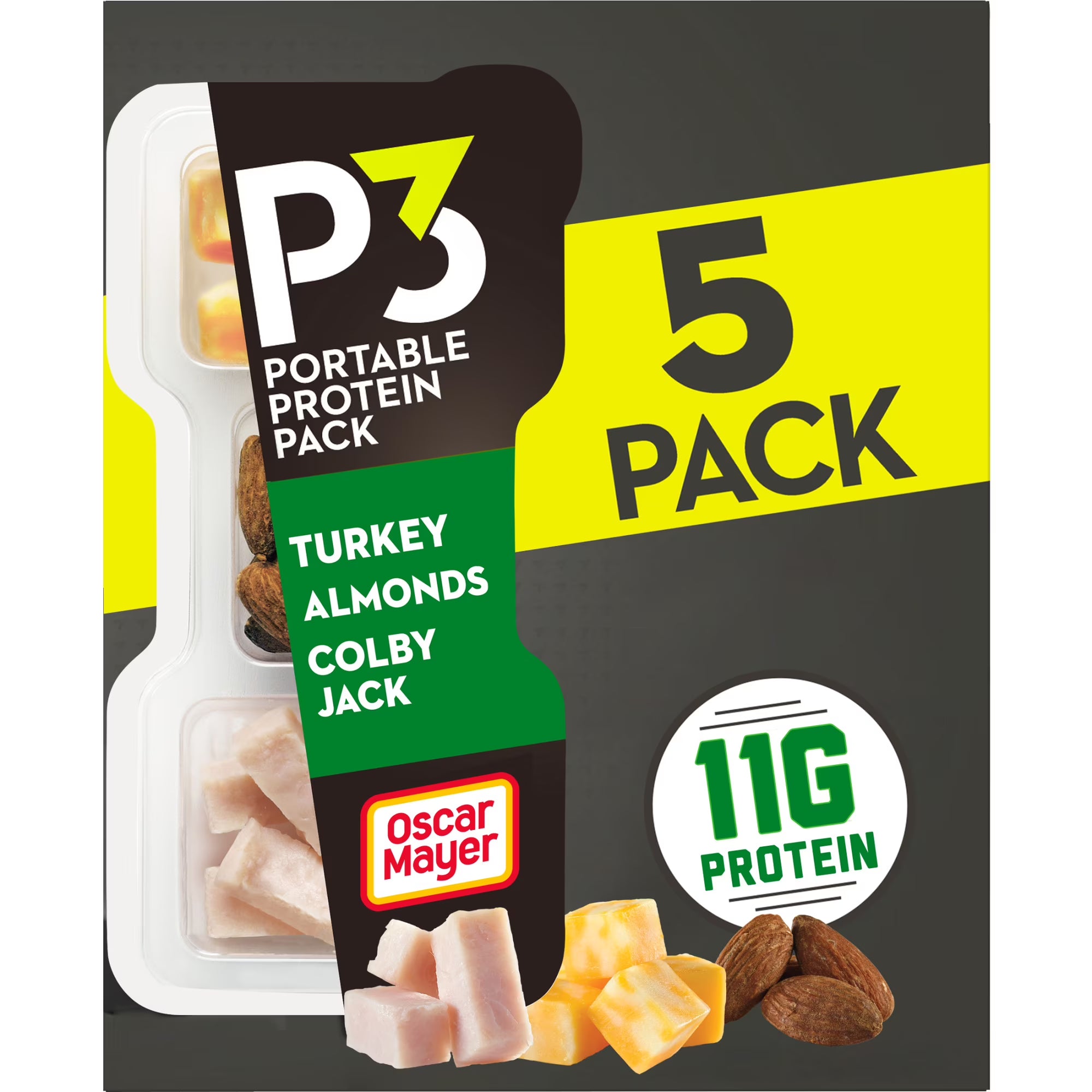 P3 Portable Protein Snack Pack – Turkey, Almonds & Colby Jack Cheese, 5 Count Box (2 oz Trays)