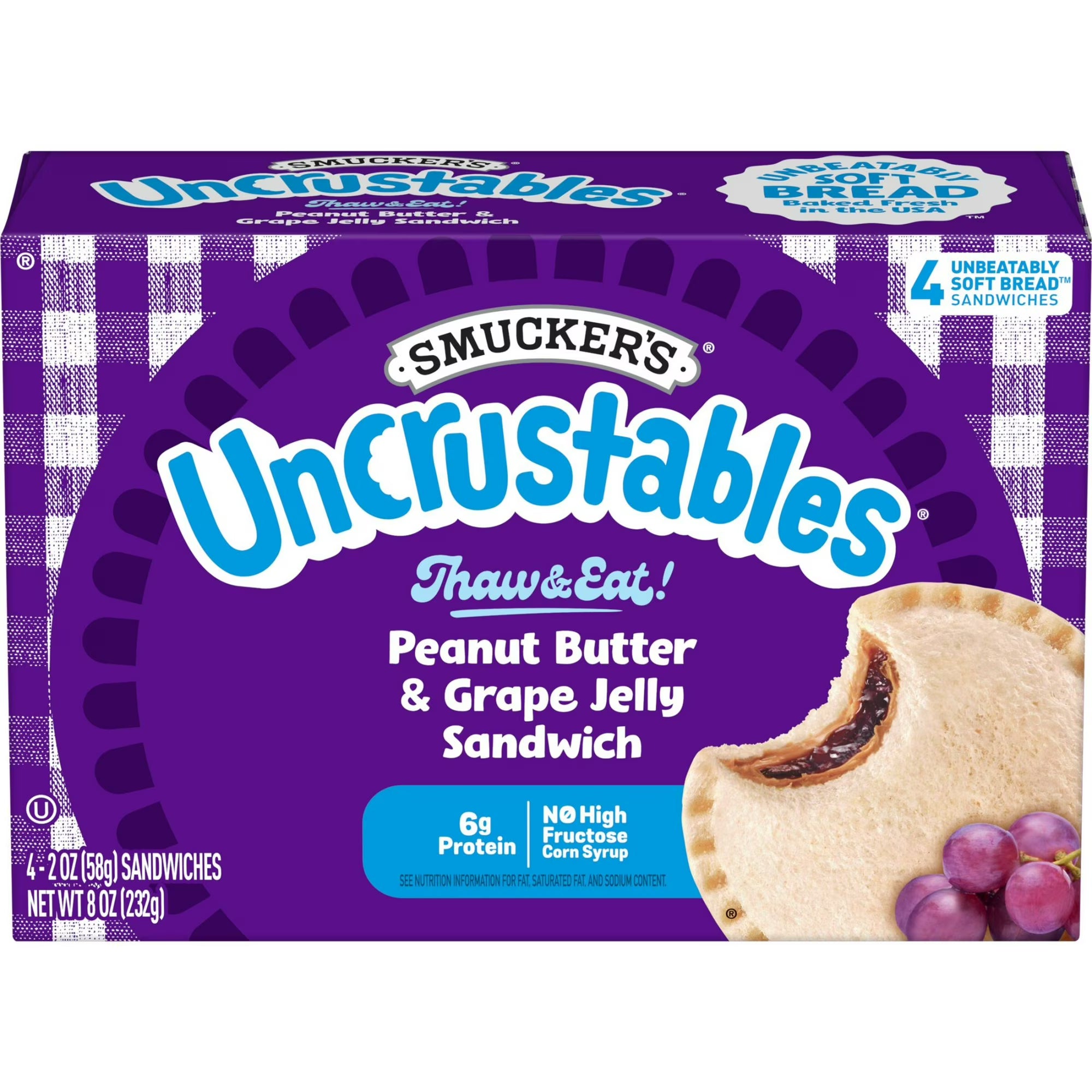 Smucker's Uncrustables Peanut Butter & Grape Jelly Sandwiches – 4 Count (2 oz Each)