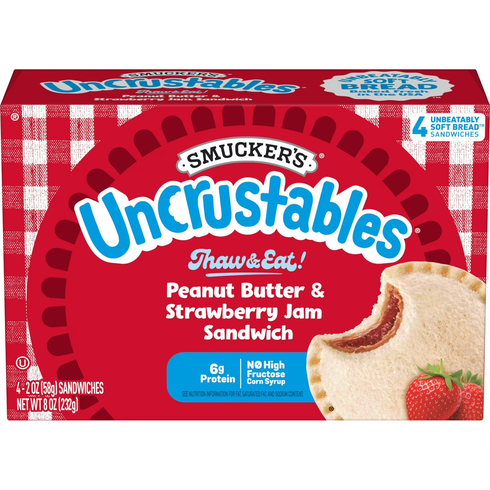 Smucker's Uncrustables Peanut Butter & Strawberry Jam Sandwiches – 4 Count (2 oz Each)