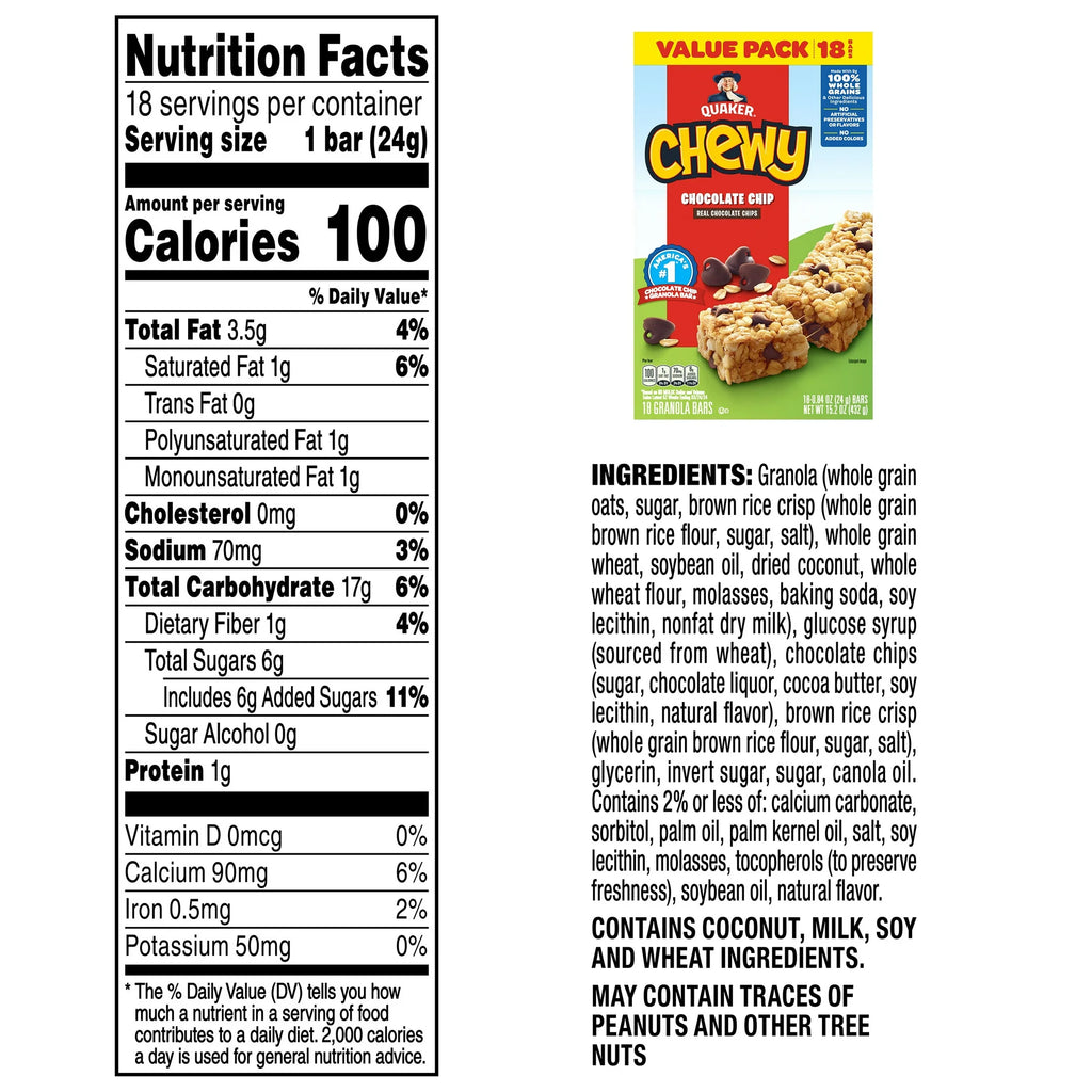 Quaker Chewy Chocolate Chip Granola Bars 18 Count, 0.84 oz Bars